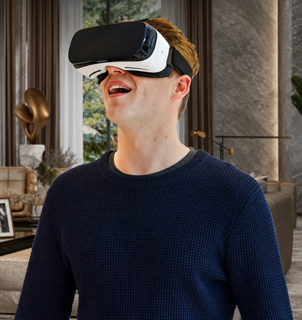 Client découvrant son projet avec un casque de réalité virtuelle